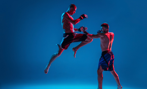 two professional fighters punching or boxin isolated on blue wall